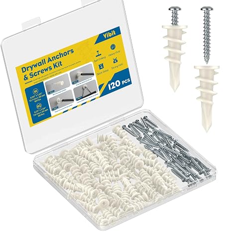 Vibit Self Drilling Drywall Anchors, Heavy Duty Wall Anchors for Drywall, Dry Wall Anchors and Screws Kit for up to 75 lbs, Plastic Sheetrock Anchors with #8 x 1 5/16" Screws, 120 Pcs