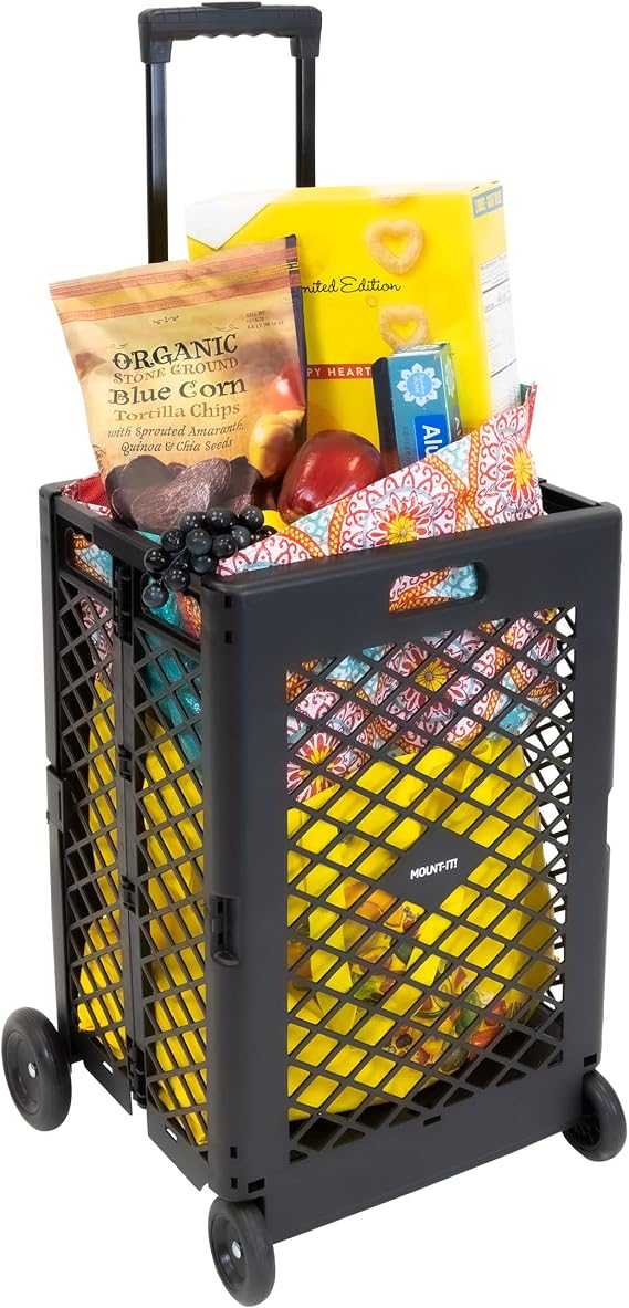 Mount-It! Mesh Rolling Utility Cart, Folding and Collapsible Hand Crate on Wheels, 55 Lbs Capacity Portable Handcart for Groceries, Office, Teacher, and Travel Use