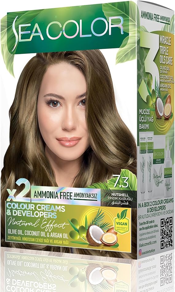 SEA COLOR Non-Ammonia, Vegan, Natural, Nourishing Permanent Hair Dye 100% White Closure (1 PACK 2 x 50 ml Dye & OXIDANT) (Hazelnut Shell 7.3)