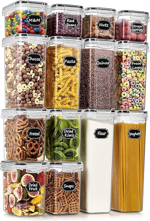 Wildone Airtight Food Storage Containers with Lids, 14PC Plastic Kitchen Storage Containers for Pantry Organization and Storage, Cereal, Flour and Sugar Containers, Include 20 Labels & Pen