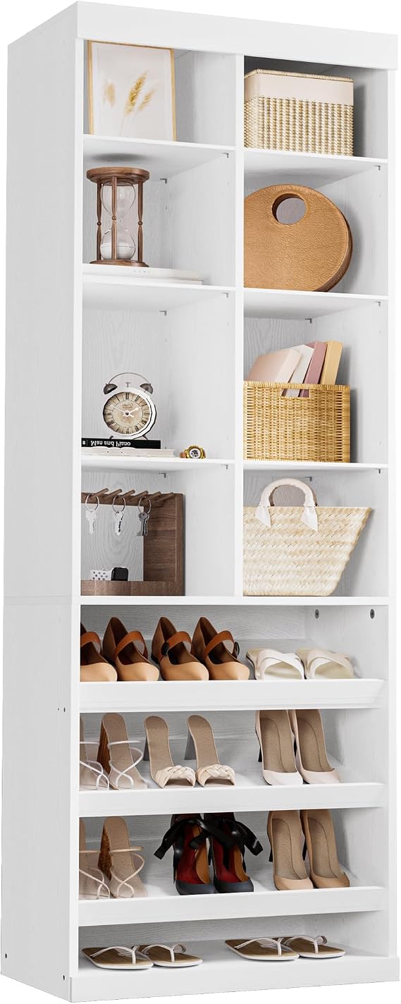 IRONCK Shoe Storage Cabinet with Shelves and Cubbies, Narrow Footwear Shoe Rack Storage Organizer for Closet for Bedroom, Entryway, Mudroom, White