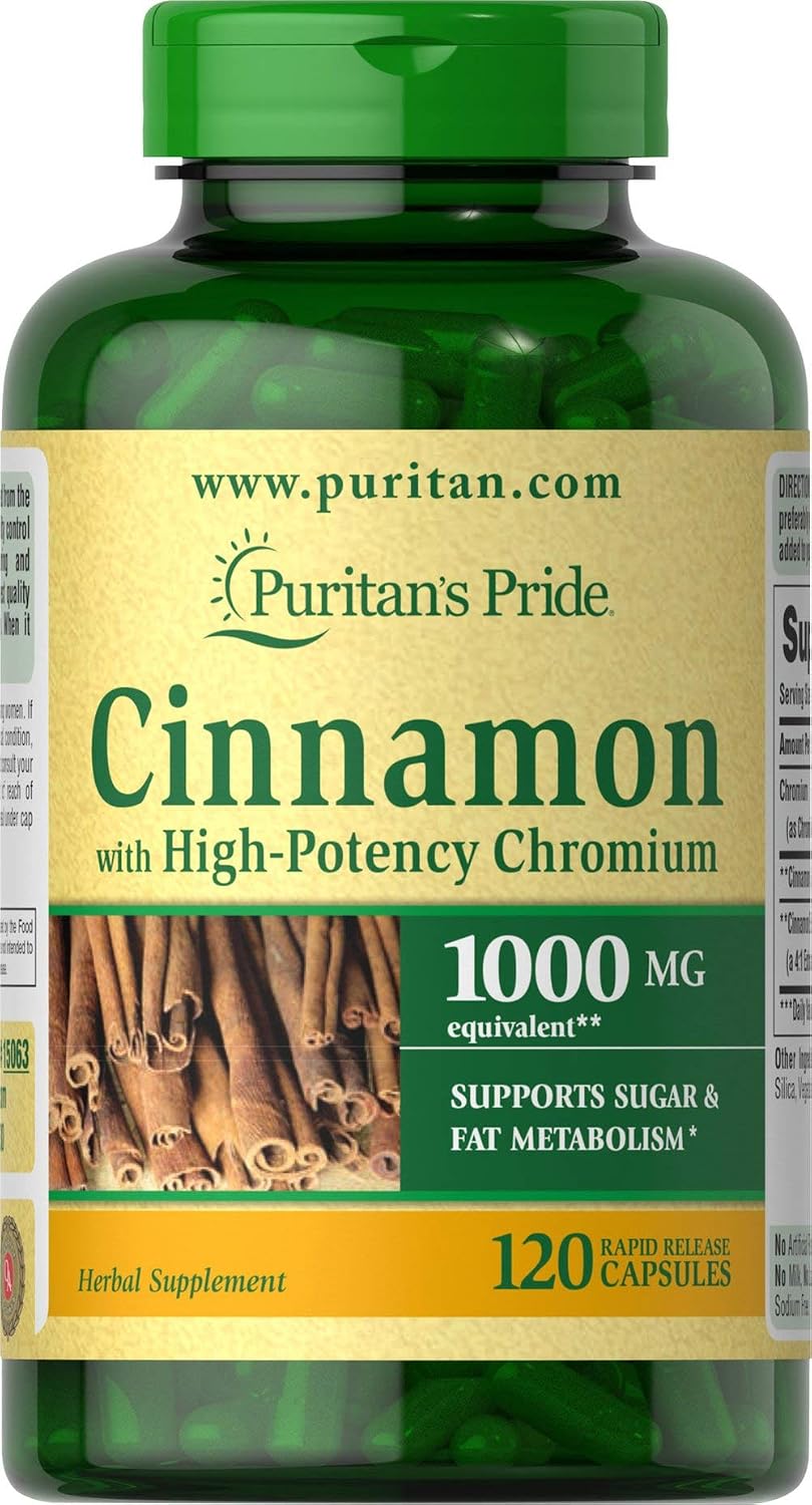Puritan&amp;amp;#39;s Pride Cinnamon with High Potency Chromium, Supports Sugar and Fat Metabolism, 120 Count Brown Pack of 1