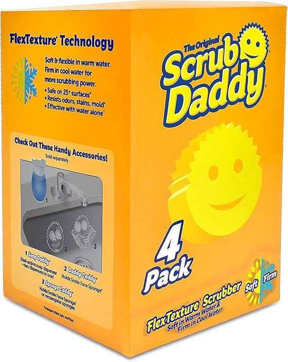 Original Scrub Daddy Sponge - Scratch Free Scrubber for Dishes and Home, Odor Resistant, Soft in Warm Water, Firm in Cold, Deep Cleaning Kitchen and Bathroom, Multi-use, Dishwasher Safe, 4ct