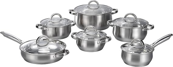 12-Piece Induction Ready Stainless Steel Cookware Sets with Glass Lid, Silver on Cookware Sets Stainless Steel