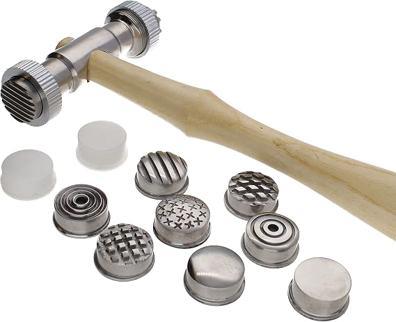 Beadsmith Interchangeable Texture Hammer - Metal Elements - 10.5" 65mm Steel Head with Wood Handle, 12 19mm Faces - Texturing Tool Used to Add Pattern and Dimensions to Metalwork