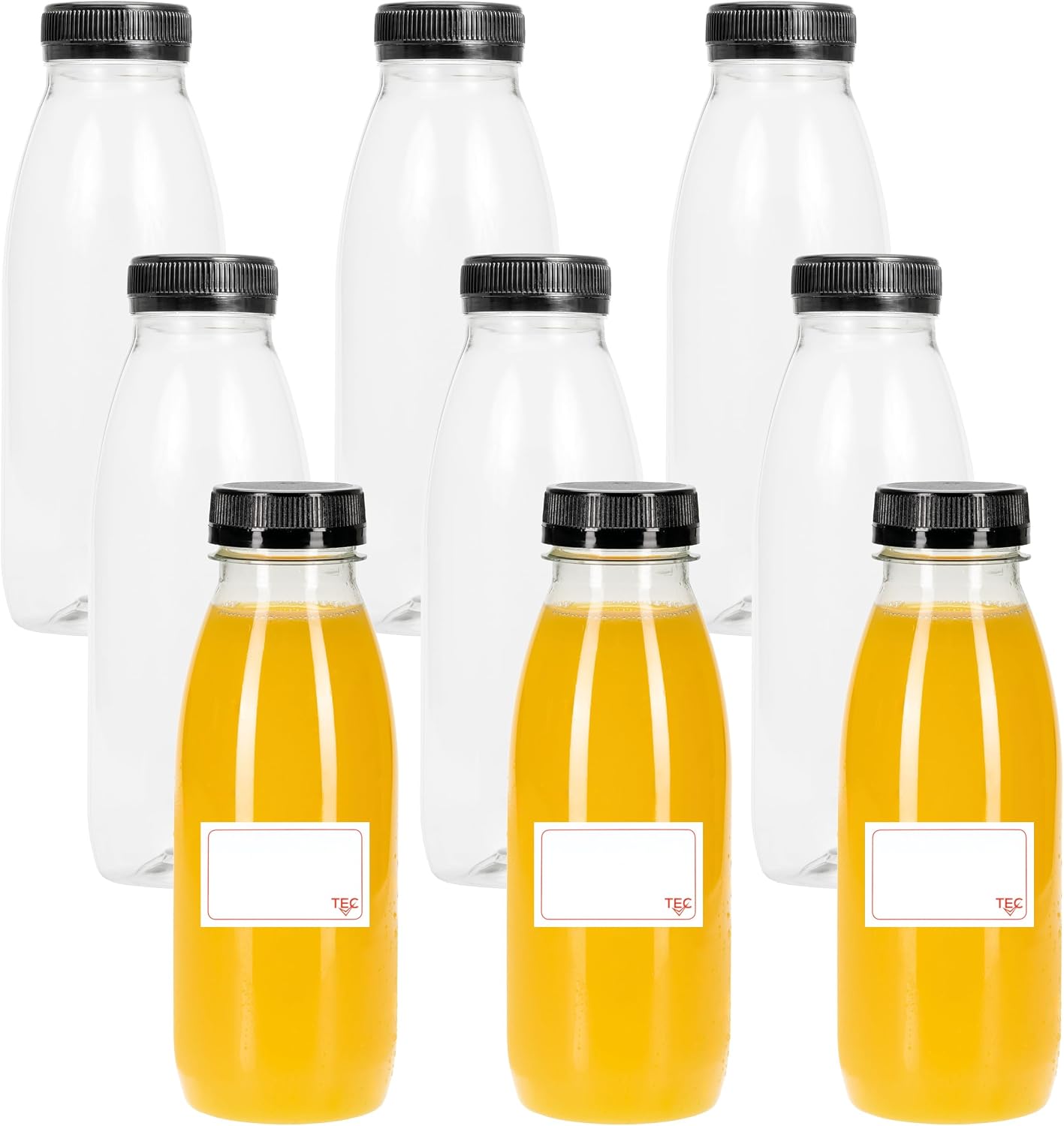 TEC Juice Bottles with Lids 500ml UK Made 30% Recycled PET Plastic Empty Clear Round Small Drink Reusable for Fridge Kids Adults Water Milk Lunchboxes Juicing Pack Multipack in Bulk
