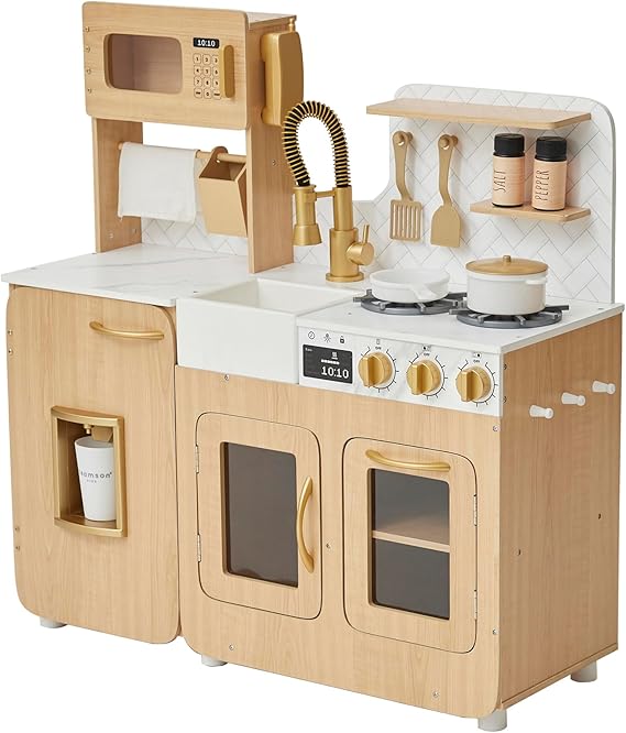Teamson Kids Little Chef Cyprus Play Kitchen Set for Toddlers with 14 Accessories, Wooden Toy Cooking Playset for Kids Ages 1-8, Montessori Cooking Station, Light Oak/White Pretend Kitchen | 14 Accessories, Toy Cooking Set for Toddlers & Kids, Montessori Pretend Play Kitchen