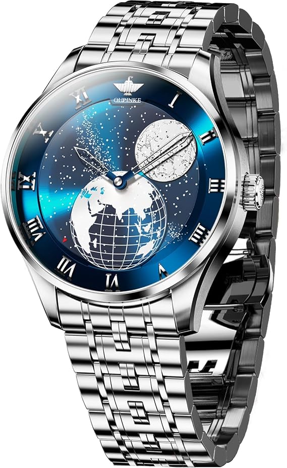 OUPINKE Mens Watches Luxury Automatic Wrist Watch Starry Sky Dial Waterproof Dress Moon Phase Silver Blue