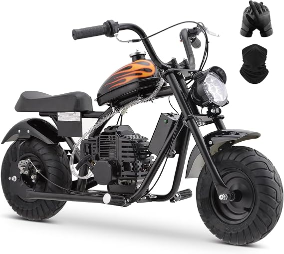 HOVER HEART Gas Mini Chopper Bike, DB004 Model 49.4 CC 2-Stroke Kids Dirt Bike with Big Headlight, Premium Tire, Metal Frame, Disc Brakes, Max Load 165Lbs, Up to 20Mph, EPA Approved (Black BK)
