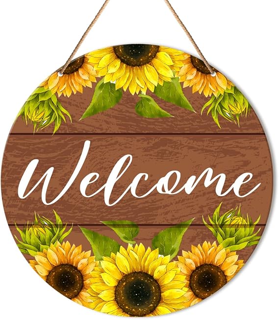 Muktoujaumai Welcome Sign Front Door Decor, Summer Welcome Round Hanging Sign Decor Farmhouse Sunflower Wall Decorations Wood Sign for Door, Porch, Home, Housewarming Gift for New House Friend Family