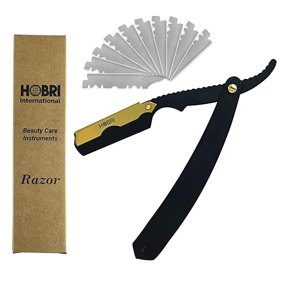 Premium Barber Straight Edge Razor with 10 Blades Men's Manual Shaver Salon Quality Razor (Black)
