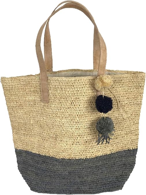 MAR Y SOL Montauk Large Raffia Tote, Crocheted Colorblock Bucket Bag for Women, Sustainable Carryall with Leather Handles