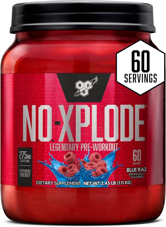 BSN N.O.-XPLODE Pre Workout Powder with Creatine, Blue Raz, 60 Servings | Energy Supplement for Men and Women with Beta-Alanine and Creatine for Pre-Workout Performance and Endurance