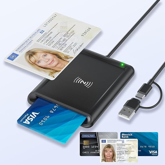 Quanlex 2in1 USB-A & USB-C Chipkartenleser mit NFC Kartenlesegerät für den neuen Personalausweis Smart Card Reader kompatibel mit Windows Linux Android & Mac 95cm Kabel