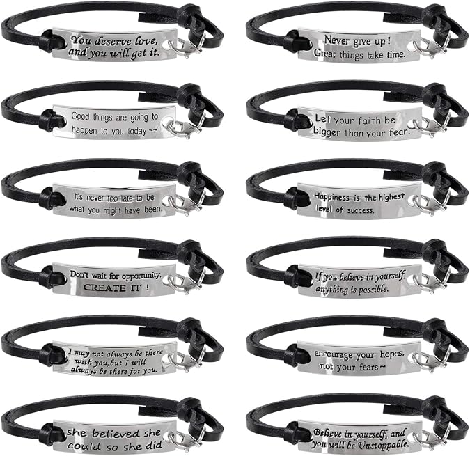 AleapDoll Christmas Stocking Stuffers Gifts 12 Pcs Bulk Inspirational Gifts Leather Bracelets for Women Motivational Quotes Message Encouragement Cuff