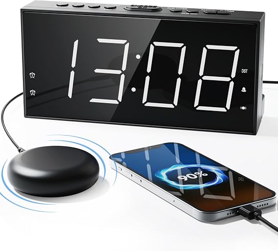 Loud Alarm Clock with Bed Shaker for Heavy Sleeper, Dual Vibrating Alarm Clock with USB Charger for Hard of Hearing/Deaf, 7.5 Large LED Display with Dimmer, Snooze, 12/24H & Battery Backup