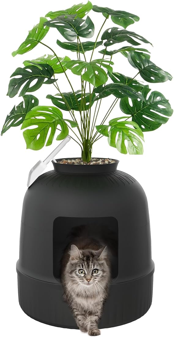 Lifewit Hidden Plant Cat Litter Box with Plastic Scoop, Black | Extra Large Enclosure Litter Tray with Carbon Filter& Odor Control, Aesthetic Cats Stuff for Living Room, Bathroom, Corner