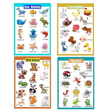 4 Pieces Laminated Educational Preschool Posters for Toddlers| Educational Wall Charts | School classroom Posters | Class decorations for Kindergarten- Sea Animal,Farm Animal,Wild Animal, Insect. | School classroom Educational Wall Posters | Class decorations for Kindergarten,Back to School Teacher Homeschool Supplies