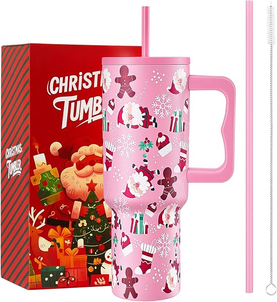 TaroKitc 40 oz Christmas Tumbler with Handle and Straw, Xmas Stainless Steel Insulated Travel Mug, Cup Holder Friendly, Christmas Holiday Gifts for Women Men Her Him, Pink Cute Sleepy Santa