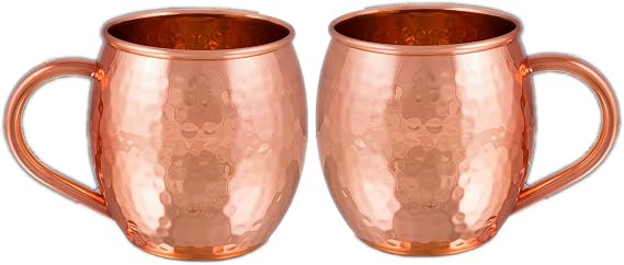 Handcrafted Hammered Classic Copper Moscow Mule Mugs Solid Pure Copper Unlined Mug Cup Capacity 16 Ounce Copper C Shape Handle Set of 2