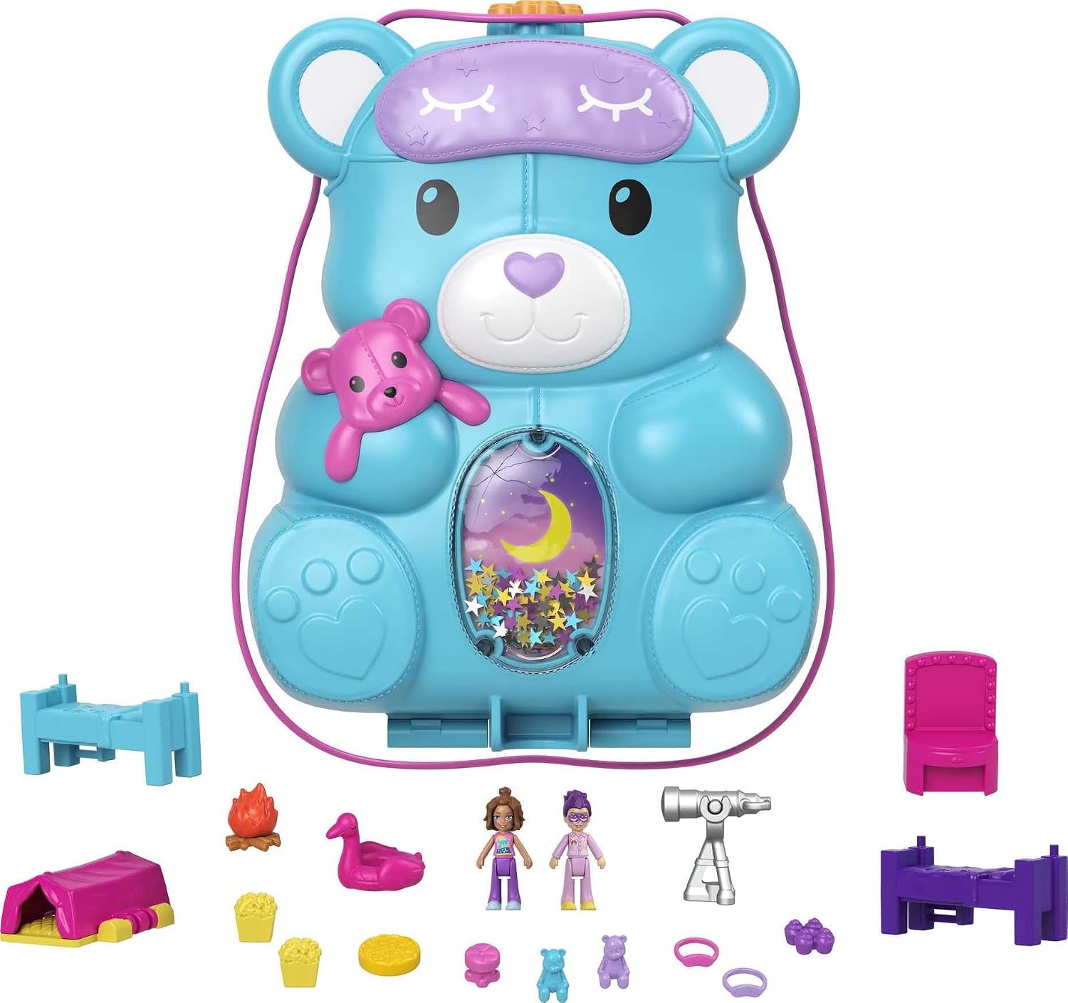 Polly Pocket Teddy Bear Purse Compact, Sleepover Theme with 2 Micro Dolls & 16 Accessories, Pop & Swap Peg Feature, Great Gift for Ages 4 Years Old & Up, HGC39