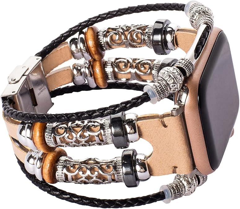 Compatible with Apple Watch Band 46mm 45mm 44mm 42mm 41mm 40mm 38mm 49mm, iWatch Series 10/9/8/7/SE/6/5/4/3/2/1/Ultra, Leather Boho Bracelets Jewelry Multilayer Metal Cuff Retro Strap for Men&Women