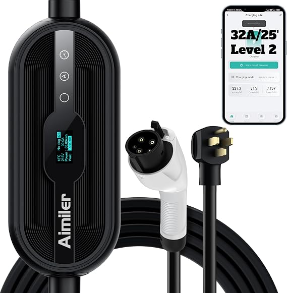 AIMILER Level 2 240V / 32A Electric Vehicle (EV) Charger Portable Indoor/Outdoor EV Car Charging Station, NEMA 14-50 Plug, for SAE-J1772 Electric Vehicles w/WiFi APP, Former Version