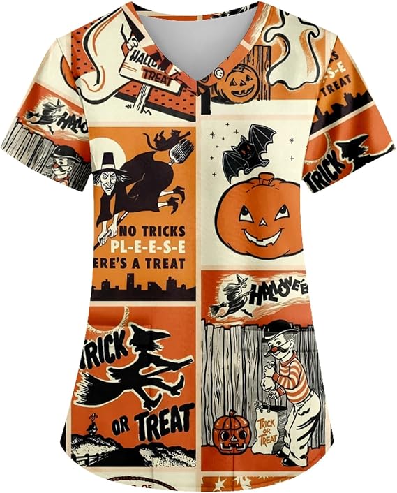 AMOMA Women's Halloween T-Shirt V-Neck Short Sleeve Nursing Scrub Tops with Pockets