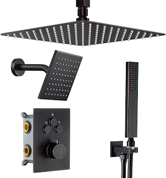 Oil Rubbed Bronze Thermostatic Shower System with Ceiling 12 Inch Rainfall Shower & Wall Mount 6-Inch High Pressure Shower Head, Dual Shower Heads Set with Handheld, Full Shower Faucet Set