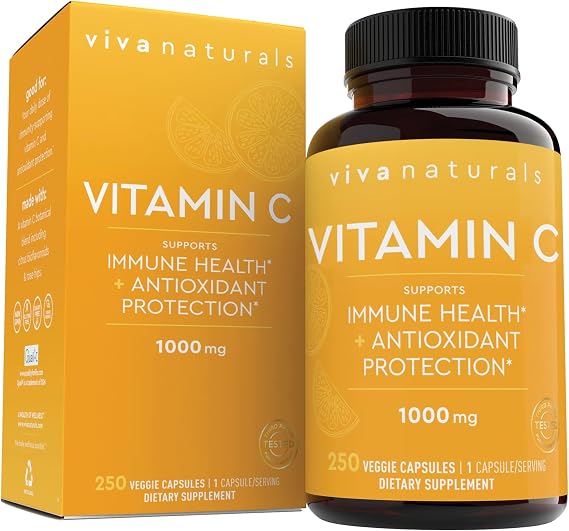 Viva Naturals Vitamin C, 1000 mg, 250 Vegetarian Capsules with Citrus Bioflavonoids & Rose HIPS, Non-GMO for Immune Support & Antioxidant Protection