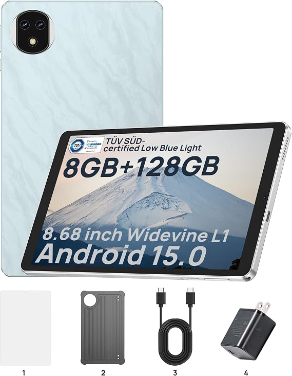 Ulefone Tab A9 Pro Compact Tablet, 8.68" TUV SUD Eye Comfort Display, Android 15, 8GB RAM 128GB (2TB Expandable), Slim & Lightweight, Dual Speakers, Portable Tablet for Young Adults (Galaxy Blue)