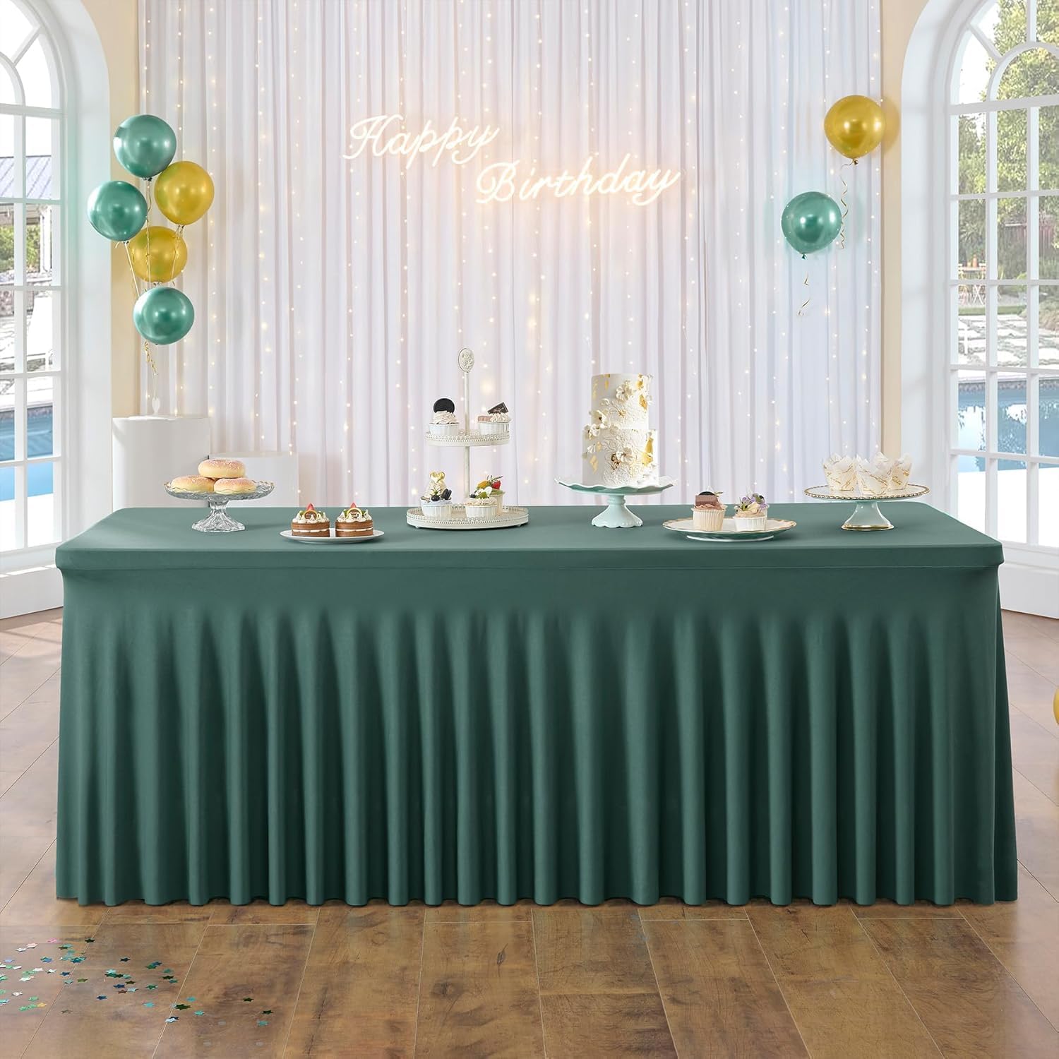 Hunter Green Rectangular Spandex Tablecloth 1.8 m with Skirt Wrinkle-Free Stretch Fitted Tablecloth for 1.8 m Rectangular Table Elastic Ruffle Table Skirts for Banquet Party Wedding Birthday