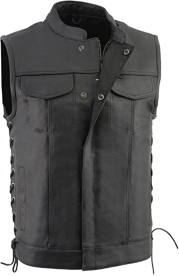Milwaukee Leather LKM3712 Men's Black Leather Club Style Motorcycle Rider Vest w/Front Snap/Zipper and Side Lace
