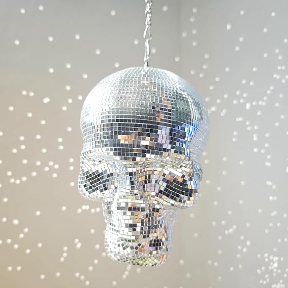 Disco Ball Skull Head, Holiday Hanging Skeleton Decor, 6x6x8inch Handmade Sculpture Shiny, Disco Skeleton Head, Skull Model, Unique Reflective, Party, Home, Silver