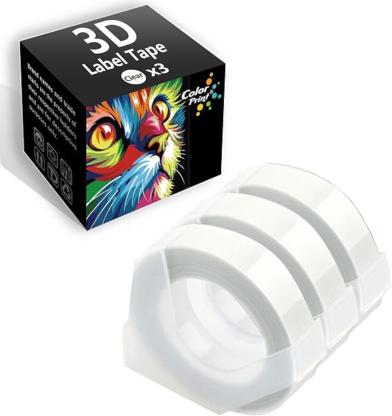 Colorprint Compatible Label Tape Replacement for Dymo 3D Embossing Label Maker Tape 38 x 3m 3-Clear-Roll Pack