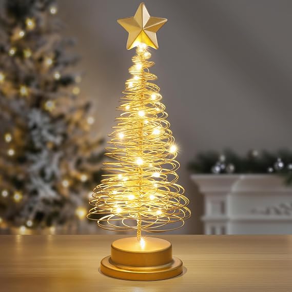 Lewondr Christmas Tree Light, 13 Inch Spiral Xmas Tree Table Lamp, Gold