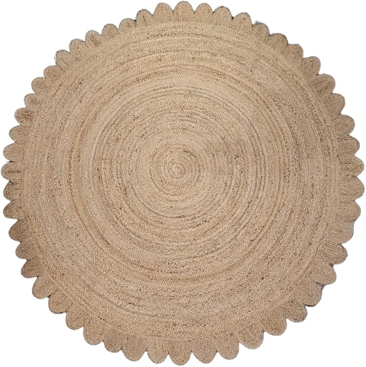 Natural Round Jute Jute Area Rug, Floor Scalloped Edge Rug Braided Boho Eco Large Circular Handmade Area Rug, Natural (2x2 Ft Round Rug)
