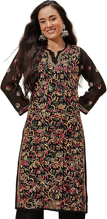 Ada Hand Embroidered Chikankari Georgette Kurta with Slip for Women A90397