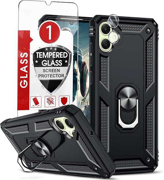 LeYi for Samsung-Galaxy-A05-Phone-Case (Not Fit A05S) with Screen Protector and Camera Lens Protector, Military-Grade Heavy Duty Phone Case Cover with Magnetic Ring Stand for Samsung A05, Black