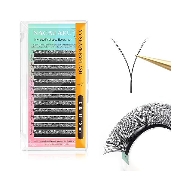 NAGARAKU YY Lash Extensions 0.05 D Curl 12mm 4D Premade Fans Matte Black | Handmade Crisscross Y Wispy Russian Volume Cluster, 12 Rows Faux Mink Lashes, Professional Salon Eyelash