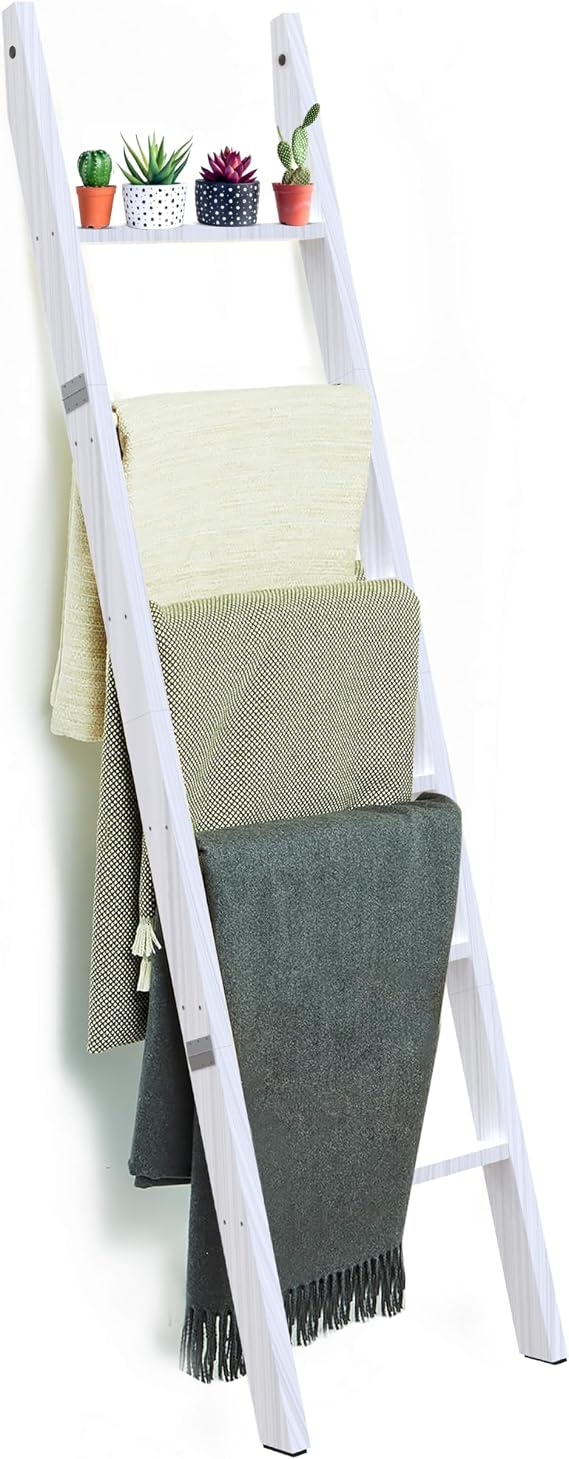 6 Tier Wooden Blanket Ladder - Rustic Style Quilt Ladder for Blankets - Blanket Rack for Wall - Blanket Holder - Farmhouse Decor Accent Furniture for Living Room (White, 6 Tier)