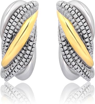 Mytys Two-Tone Triple Band Hoop Earrings - Designer Inspired Textured Statement Earrings with Twisted Rope, Gold Silver Plated Post Hoops