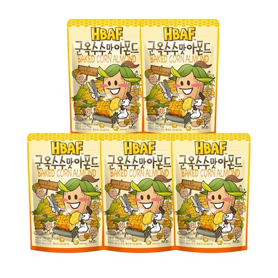 [HBAF] Korean Baked Corn Crunchy Almonds Nut | Nutritious & Gluten Free | Kids Lunch After-School, Work, Trip Camping Snack | Asian Snack Korean Chips Sovenior (Baked Corn, 5x190gram)