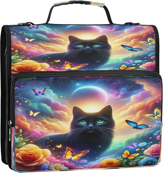 Zip up Binder Organizer Spring Black Cat Flowers 1.5 Inch Binders 3 Ring Heavy Duty Basic Binder with Shoulder Strap for School Portfolio Hold 500 Sheets Holder