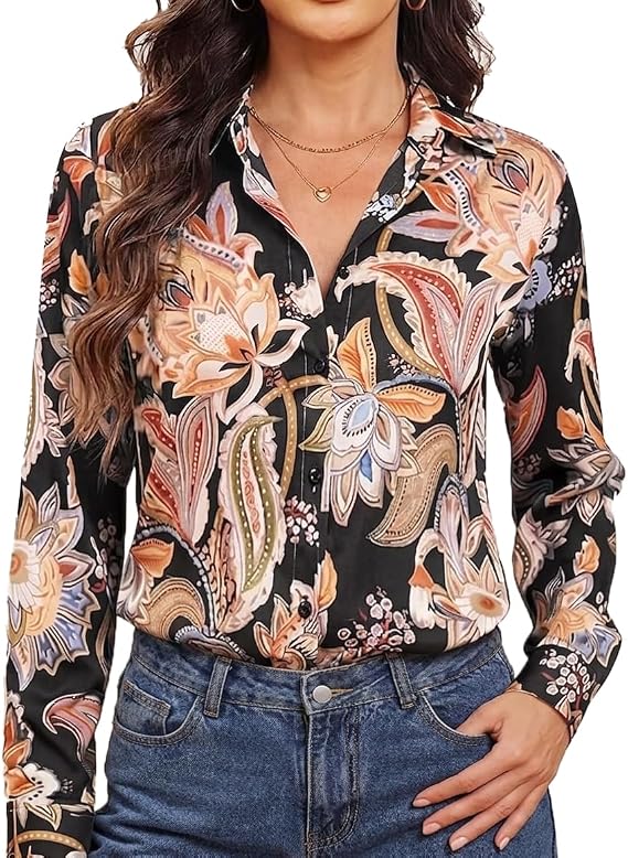 Button Down Shirts for Women Long Sleeve Blouses Dressy Casual Fitted Floral Tops Wrinkle Resistant Collared Shirt