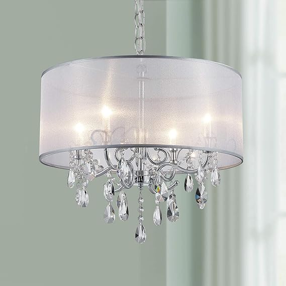 Bestier Modern Elegant Crystal Pendant Drum Chandelier 4 Light Chrome Lighting Fixture LED Ceiling Light Dia 19 in x H 18 in