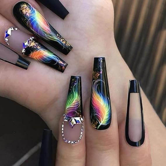 Press on Nails Coffin Long Black 24Pcs Glossy Full Cover Acrylic Square Rhinestone Fake Nails with Feather Designs Extra Long False Nails Glue Stick on Fingernails with Charm for Women