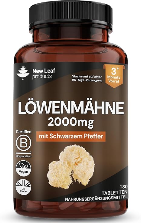 Löwenmähne Pilz Extrakt 2000 mg - 180 Hochwirksame Vegane Lions Mane Mushroom Tabletten mit Schwarzem Pfeffer - Kein Pulver oder Kapseln - Hergestellt in Großbritannien von New Leaf Products