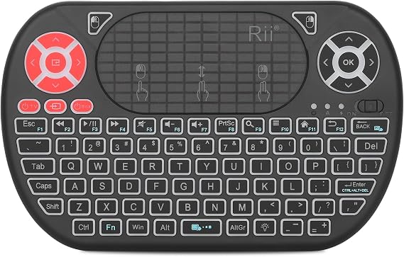 Rii Backlight Mini Wireless Keyboard Touchpad Mouse Combo with IR Learning,2.4G Rechargable Li-ion Battery Portable Keyboard for Android TV Box, Smart TV,PC, Android Windows Linux MacOS