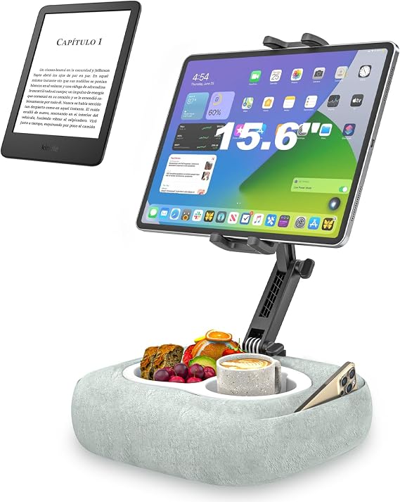 Tablet Pillow Stand - Use Organic Cotton & Food Grade Tray | Adjustable Kindle Pillow Stand Holder for Lap/Bed/Couch/Desk, Fits 4.7-15.6" iPad, Kindle, Galaxy Tab, Phone, Detachable Bowl